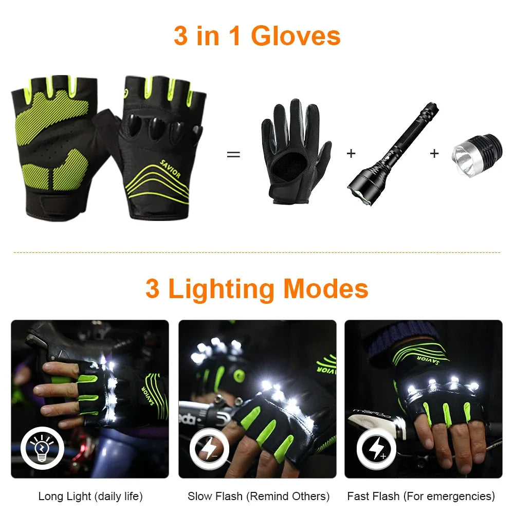 LED Half-Finger Cycling Gloves – Rechargeable, Breathable, Nightview
