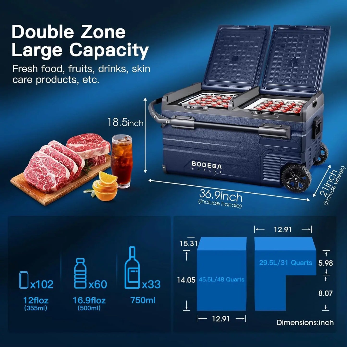 12V Portable Car Refrigerator – Dual Zone, WiFi Control, 80 Quart Capacity, -4℉ to 68℉, 12/24V DC