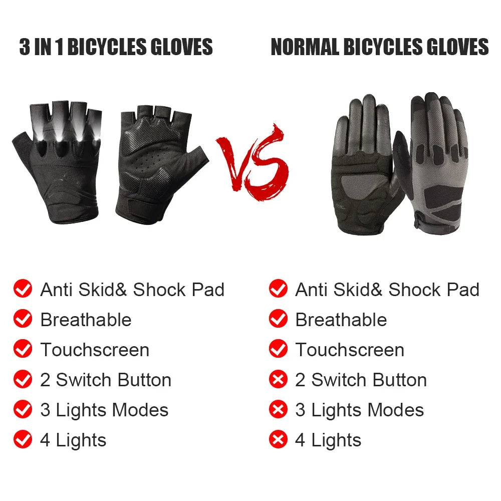 LED Half-Finger Cycling Gloves – Rechargeable, Breathable, Nightview