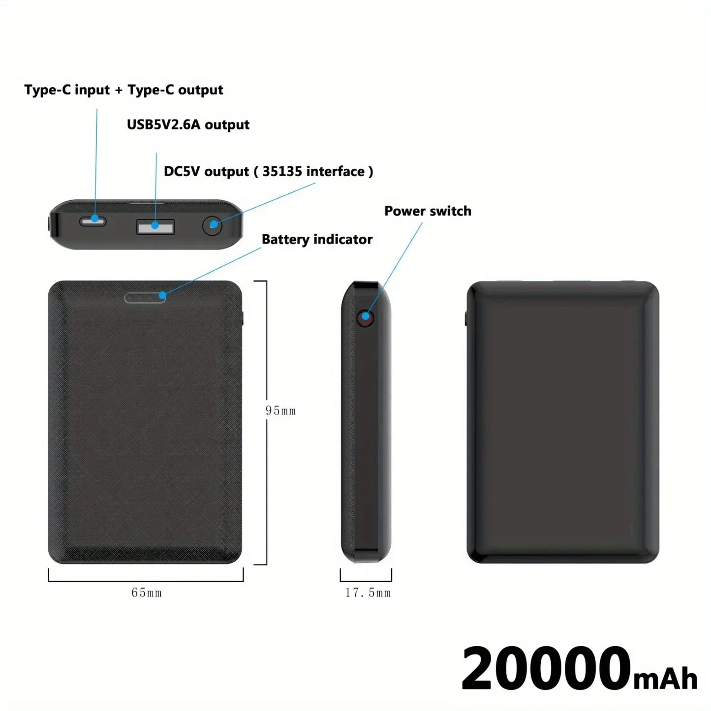 20000mAh Portable Power Bank – DC5V Charging for Heated Clothing and Devices