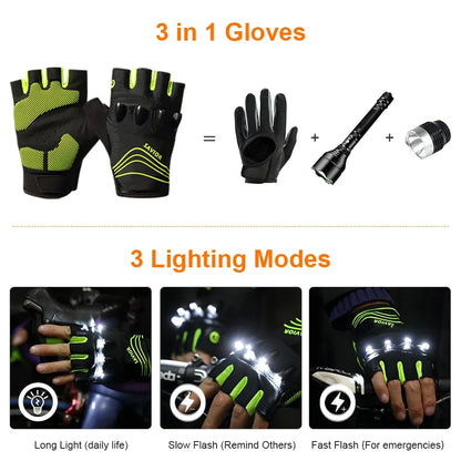 LED Half-Finger Cycling Gloves – Rechargeable, Breathable, Nightview