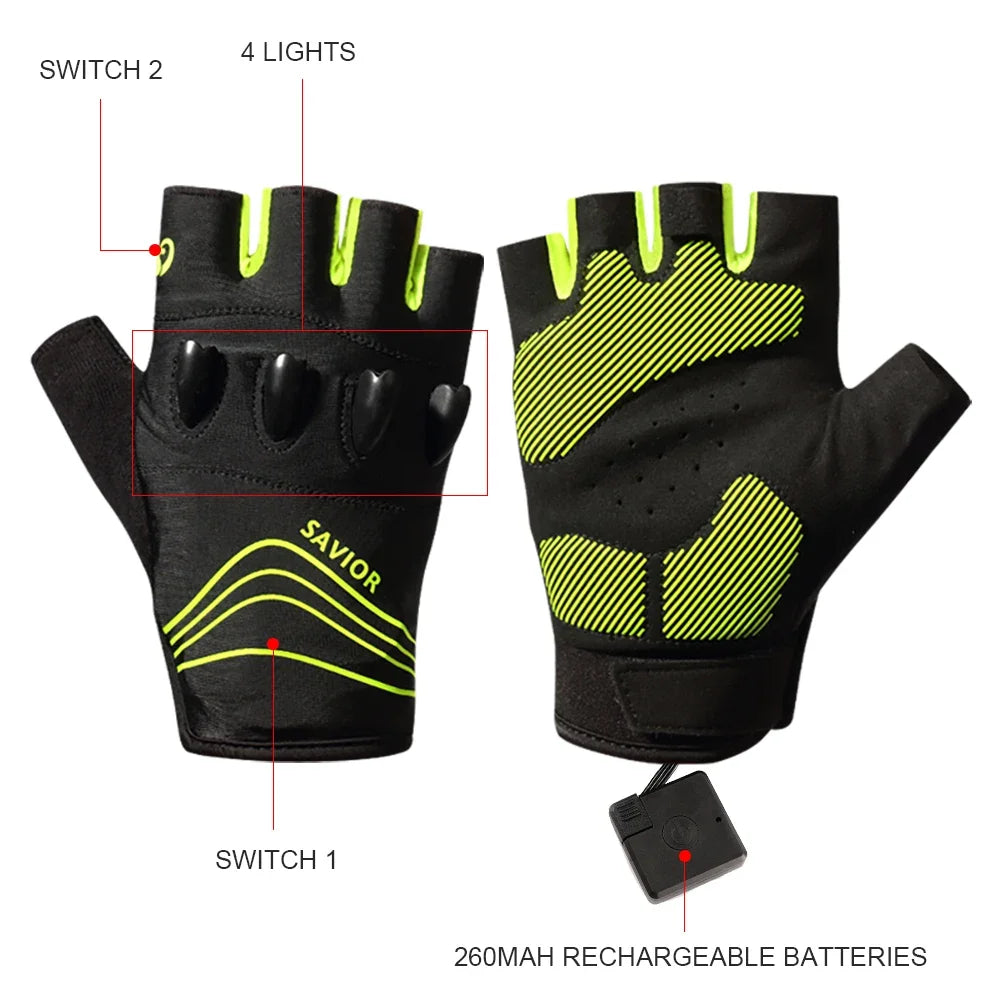 LED Half-Finger Cycling Gloves – Rechargeable, Breathable, Nightview