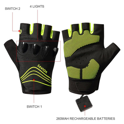 LED Half-Finger Cycling Gloves – Rechargeable, Breathable, Nightview