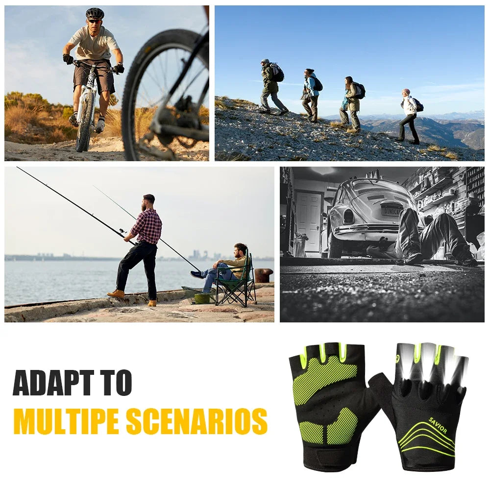 LED Half-Finger Cycling Gloves – Rechargeable, Breathable, Nightview